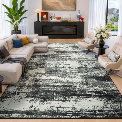6x9 Black White Washable Area Rug Non-Slip Faux Wool Abstract Rug