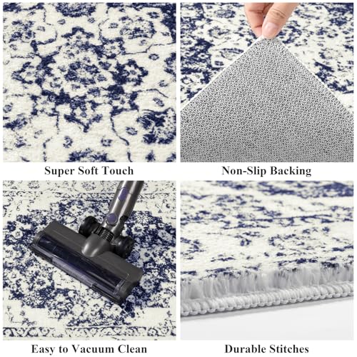 Pauwer Vintage Floral 2x10 Runner Rug, Non Slip Hallway Runner, Navy Blue