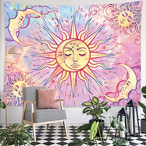 Ohjijinn Pastel Pink Burning Sun Tapestry - Mystic Celestial Sun and Moon with Stars - Psychedelic Hippy Tie Dye Wall Hanging for Party Home Decor (Pastel, 51.2" x 59.1")