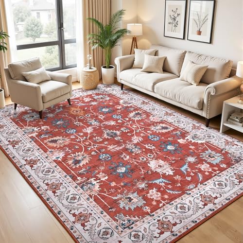6x9 Area Rugs for Living Room, Washable Rug Vintage Floral, Red