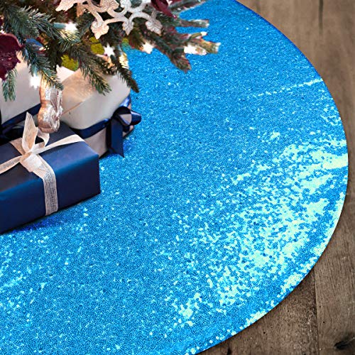 yuboo Turquoise Teal Christmas Tree Skirt, 48 Inch Blue Sequin Double Layers Tree Mat for Christmas Decorations