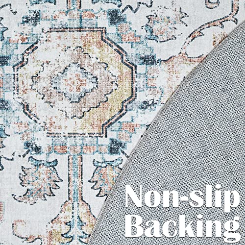 jinchan 6ft Round Rug Vintage Medallion Washable Area Rug, Blue/Gray