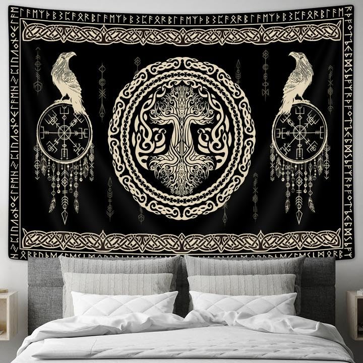 Hajmsug Vikings Tapestry,Black and White Tree Bird of Wisdom Celtic Rune Ancient Rune Totem Norse Mythology Medieval Viking Wall Art,Aesthetic Mythology Tapestry for Bedroom Living Room,40X30 Inch.
