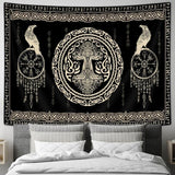 Hajmsug Vikings Tapestry,Black and White Tree Bird of Wisdom Celtic Rune Ancient Rune Totem Norse Mythology Medieval Viking Wall Art,Aesthetic Mythology Tapestry for Bedroom Living Room,40X30 Inch.