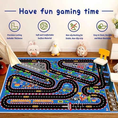 Kids Car Rug for Play Toy Cars, 31''x47'' Race Track Playmat Carpet Kid Play Road Rug for Playroom Classroom Kids Room,Karting Road Racing Track Floor Mat Rugs for Bedroom.