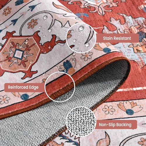 8x10 Area Rugs for Living Room, Washable Rug Vintage Floral, Red
