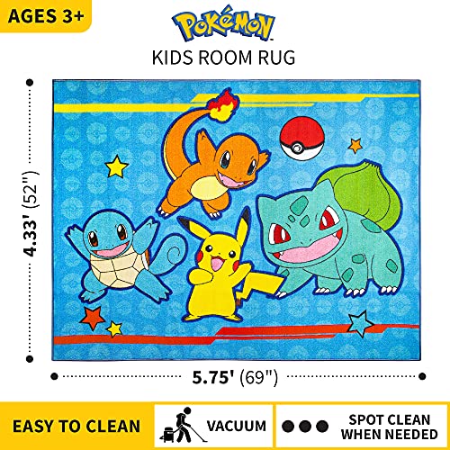 Pokémon Kids Room Blue Non Slip Area Rug, 69 in x 52 in, (Officially Licensed Product) by Franco