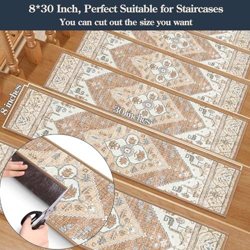 Lahome Stair Treads Non Slip 15 Pack 8" X 30" Stair Treads for Wooden Steps, Washable Self Adhesive Stair Runners Stain Resistant Stair Carpet, Edging Staircase for Kids Elders and Dogs Dorie, Taupe