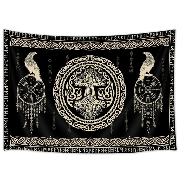 Hajmsug Vikings Tapestry,Black and White Tree Bird of Wisdom Celtic Rune Ancient Rune Totem Norse Mythology Medieval Viking Wall Art,Aesthetic Mythology Tapestry for Bedroom Living Room,40X30 Inch.