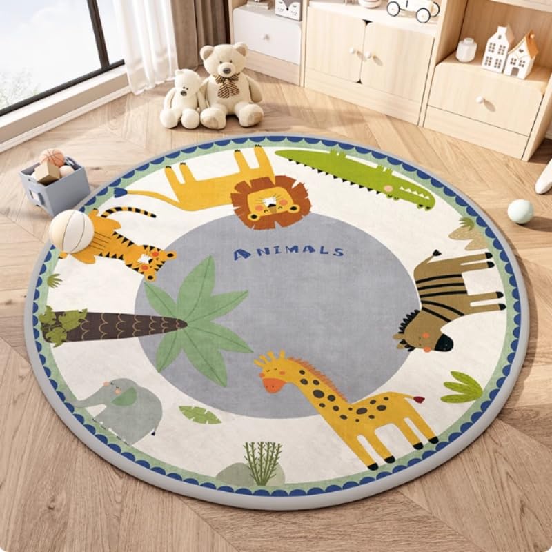 Poowe Cute Animals Kids Room Rug,31.5" Round Washable Area Rugs Nursery Carpet for Baby Boys Girls Play Mat Non Slip Soft Rugs for Living Room Bedroom Playroom Classroom