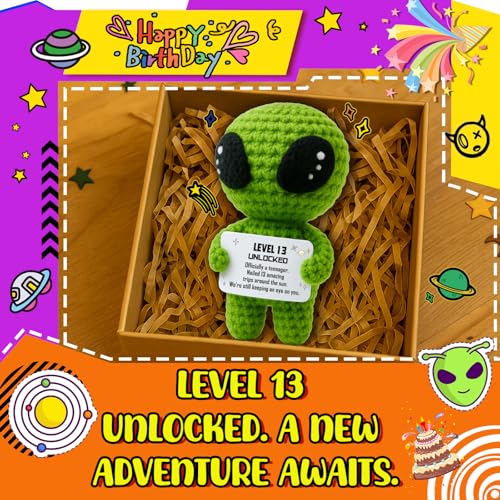 13th Birthday Decorations for Boys Handmade Crochet Alien Figure Teen Card | 13 Years Old Gift for Son, Daughter, Friend, or Grandchild