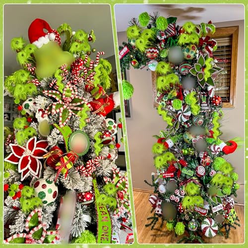 Christmas Tree Decorations, 10 PCS 17" Large Lime Green Furry Christmas Tree Topper Picks Decor Ornaments, Christmas Vase Fillers for Table Manle Gift Wrap, Xmas Home Holiday Decor