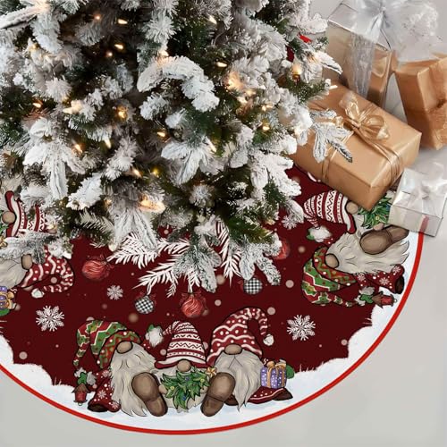 Christmas Tree Skirt 36 Inches, Gnomes with Holly Berry Pencil Red Background Tree Skirt, Winter Xmas Tree Mat Decorations for Home Party Holiday Decorations