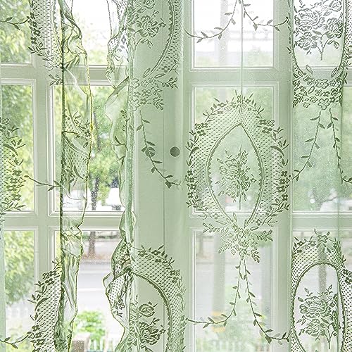Sutuo Home Olive Green Lace Sheer Curtains 84 Inches Long for Bedroom Living Room Nursery,Rose Floral Embroidery Ruffled Vintage Chic Window Treatment Privacy Drapes, Rod Pocket,W57 x L84, 2 Panels