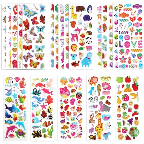 20 Sheets of 3D Stickers for Kids & Toddlers, Multiple Designs Self-Adhesive Puffy Stickers Includes Animals N