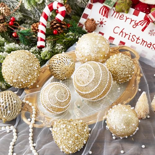 Gold Christmas Ball Ornaments, Christmas Ball Decorations Shatterproof Plastic Hanging Pearl Balls for Holiday Party(70mm/2.76", 12ct)