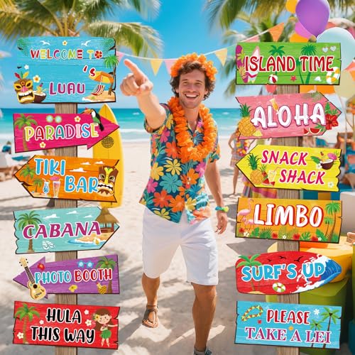 24 Pieces Luau Party Decorations Hawaiian Party Welcome Directional Sign Summer Tropical Party Sign for Luau Hawaiian Theme Party Decorations Birthday Party Supplies