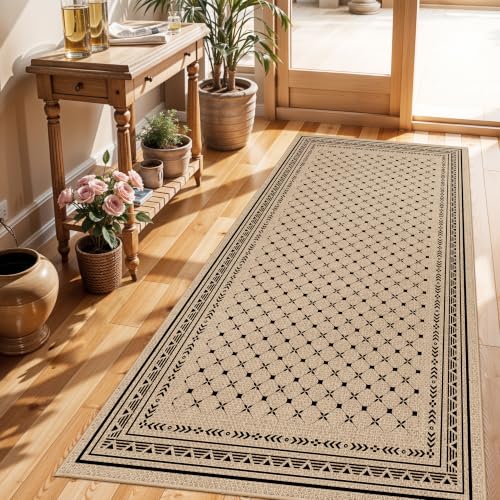 Washable 3x6 Runner Rug Kitchen: Non Slip Faux Jute Lattice Diamond Pattern