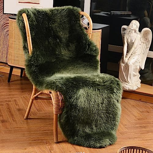 LLB Genuine Sheepskin Area Rug Fur Carpet Fluffy Shaggy Fur Rug for Living Room Kids Bedroom Real Sheepskin Throw Lambskin Aesthetic Rugs Sofa Mat Chair Seat Covers (Dark Green, 2 x 6 ft Sheepskin)
