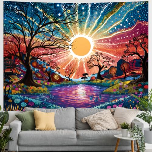 Serborlur Tree of Life Tapestry Trippy Sun Forest Tapestries Colorful Starry Sky Tapestries Hippie Nature Landscape Tapestry Wall Hanging for Living Room Bedroom (39.4" x 52.4")