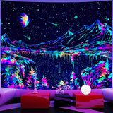 Zussun Blacklight Mountain Tapestry Starry Night Tapestries for Bedroom Aesthetic Moon and Stars Tapastry Wall Hanging Glow in The Dark Nature Forest Wall Tapestry for Living Room Dorm (48'' × 36'')