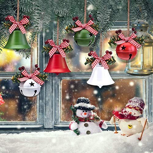 WILLBOND 6 Pieces Christmas Bell Ornaments 2026 Xmas Tree Hanging Decorations Large Size Bells with Star Cutouts Anniversary Bells with Holly Berry for Crafts Holiday Party Favors(Red, White)