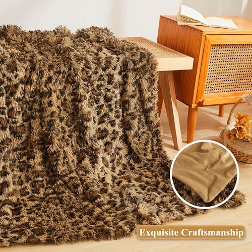 XeGe Luxury Faux Fur Leopard Print Blanket, Soft Cheetah Patterned Fluffy Bed Blanket, Shaggy Plush Decorative Couch Throw, Cute Furry Animal Print Fuzzy Throw for Sofa Bed Couch, Brown, 60x80