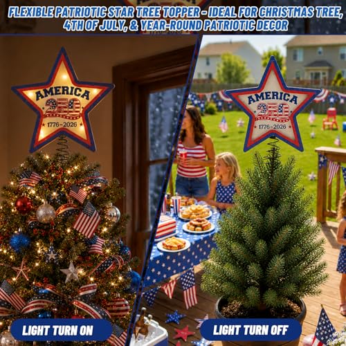 Lighted 4th of July Star Tree Topper, LED USA 250th Anniversary Wooden Patriotic Star Treetop Decoration, Battery Operated American Flag Star for Christmas Tree Independence Day Party Decor