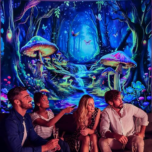 Maccyafst Blacklight Mushroom Tapestry UV Reactive Misty Forest Landscape Tapestry Fantasy Fairy Wonderland Butterflies Wall Hanging Waterfall Jungle Plants Backdrop for Bedroom