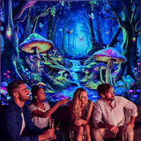 Maccyafst Blacklight Mushroom Tapestry UV Reactive Misty Forest Landscape Tapestry Fantasy Fairy Wonderland Butterflies Wall Hanging Waterfall Jungle Plants Backdrop for Bedroom