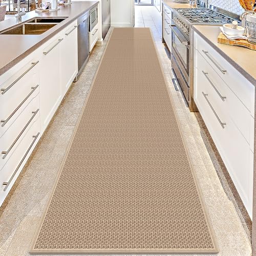 12ft Natural Jute Hallway Runner Rug Non Slip Washable, Rubber Backed Long Khaki Indoor Entryway Runner, Absorbent Kitchen Carpet Sink Rug