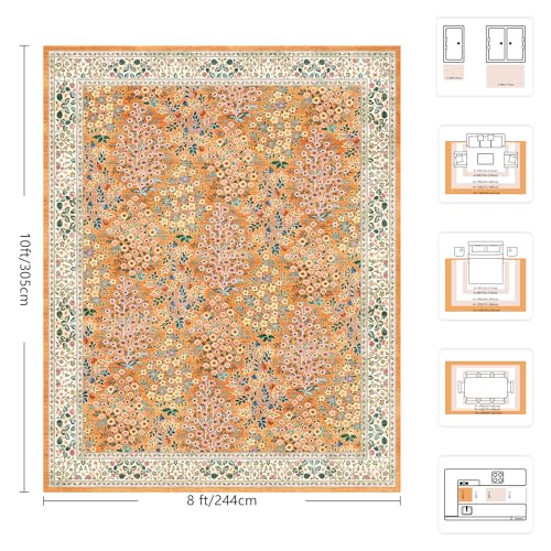 8x10 Area Rugs, Machine Washable Low Pile Floral Rugs for Living Room, Bedroom, Large Boho Area Rug with Non-Slip Backing for Dining Room(Orange Floral)