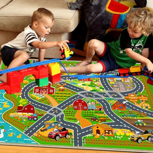 Car Road Rug for Kids Room Farm Play Mat Rugs for Kids Toy and Cars, Educational Area Kid Carpet for Bedroom Playroom Nursery, Non-Slip Activity Floor Playmat Road Traffic Track Carpet 31"x37"