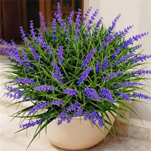 Gipsot 15 Bundles Artificial Faux Plants Flowers UV Resistant No-Fade, Adjustable Height Fake Greenery Indoor & Outdoor Decor for Window Garden Porch Patio Pathway Hanging Planter Front Yard, Purple