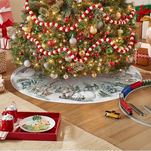 AVOIN colorlife Snowman Reindeer Snowflake Christmas Tree Skirt 48 Inch, Winter Holiday Tree Mat Decoration