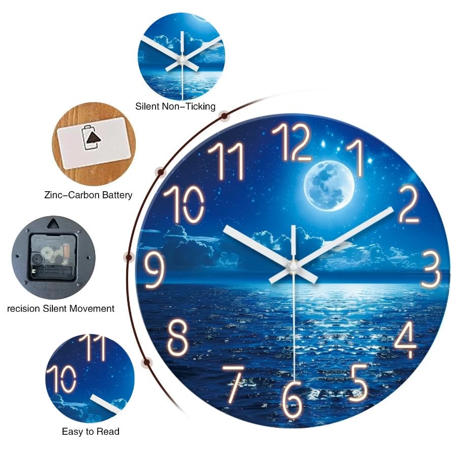 XFM Blue Moon Wall Clock 12 Inch Modern Wall Clocks Battery Operated Silent Non Ticking Decorative Round Analog Clock for Living Room Bedroom Kitchen