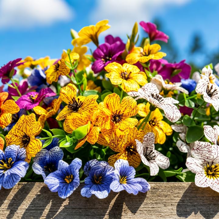 Artificial Fake Flowers for Outdoor UV Resistant,16 Bundles Silk Outside Plants Decoration for Hanging Planters, Daisy Eucalyptus Faux Flower Spring Summer Garden Yard Patio Balcony Home