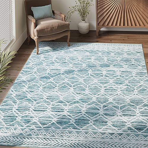 jinchan 5x7 Moroccan Geometric Washable Living Room Area Rug, Teal Blue