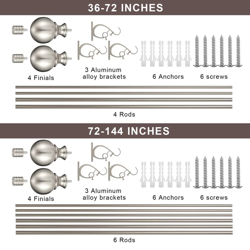Double Curtain Rod for Windows 36-72", Adjustable Double Drapery Rod with Round & Barrel Finials, Brushed Nickel Decorative Curtain Rod, 1-Inch Front and 5/8 Inch Diameter Back Window Curtain Rod