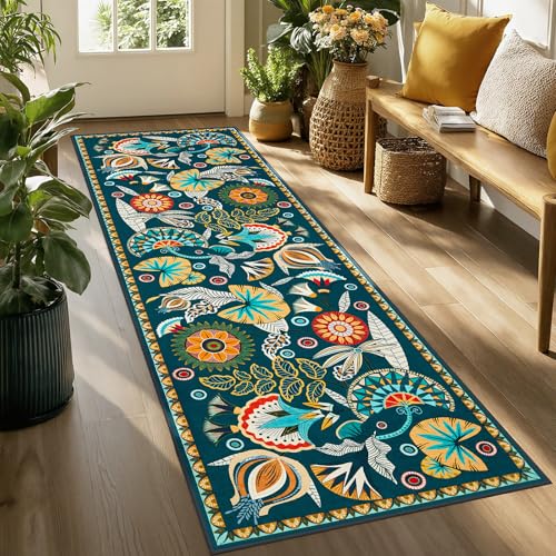Joydeco Egypt Floral Boho 2x8 Washable Hallway Kitchen Runner Rug Non Slip