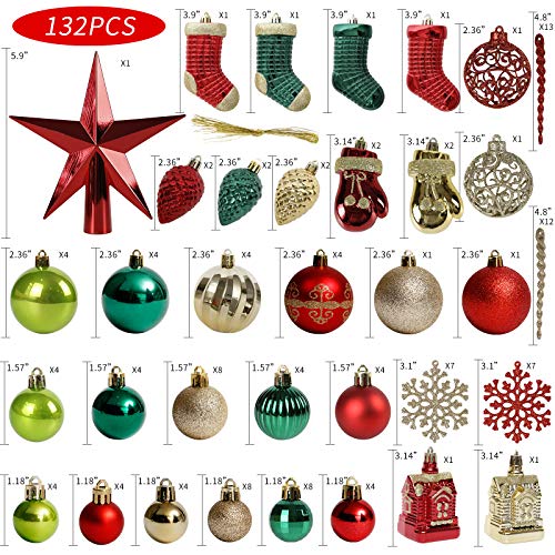 ROSELEAF 132pcs Christmas Tree Decoration Set - Red, Green & Gold Shatterproof Hanging Ornaments - Folk Art Style - Christmas, Wedding, Anniversary