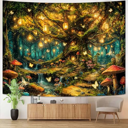 Kanuyee Enchanted Life Tree Forest Tapestry, Luminous Fairy Tale Wall Hanging for Room Decor, Dreamy Nature Home Decor 80L x 60W