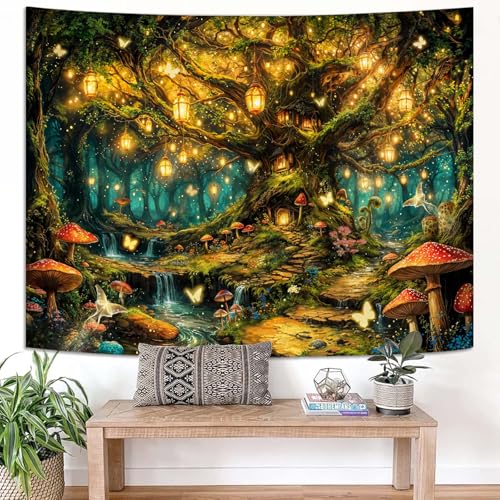 Kanuyee Enchanted Life Tree Forest Tapestry, Luminous Fairy Tale Wall Hanging for Room Decor, Dreamy Nature Home Decor 80L x 60W