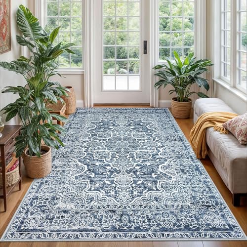 Floral Area Rug 4x6 Living Room Washable Rugs Vintage Blue White