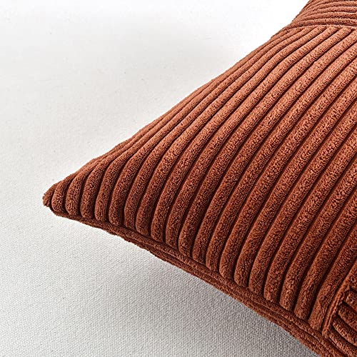 Fancy Homi Rust Lumbar Decorative Throw Pillow Covers 12x20 Inch for Couch Bed Sofa, Rustic Farmhouse Boho Home Decor, Soft Striped Corduroy Rectangle Accent Terracotta Cushion Case 30x50 cm