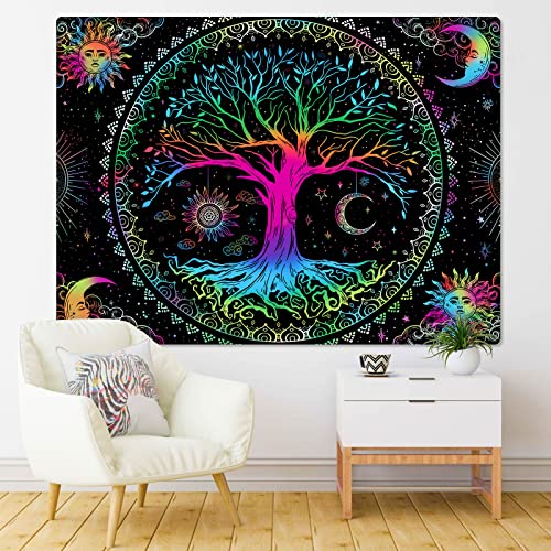Kanuyee Tree of Life Wall Tapestry - Yin and Yang Sun Moon Star Galaxy Mandala - Black Aesthetic for Room Decor (35''H 47''W)