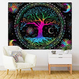 Kanuyee Tree of Life Wall Tapestry - Yin and Yang Sun Moon Star Galaxy Mandala - Black Aesthetic for Room Decor (35''H 47''W)