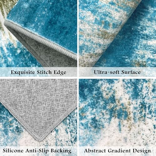 Upgrade Non Slip Kitchen Rugs Sets of 3 Washable Kitchen Mats for Floor Abstract Kitchen Runner Rug Ultra Soft Floor Mat Set Kitchen Carpet Rugs for Hallway, Laundry, Entryway, Office, Teal