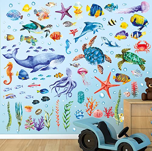 DECOWALL 128 Pieces Under The Sea Wall Decals Ocean Fish Stickers Turtle Jellyfish Seaweed Removable for Kids Bedroom Nursery Living Room Home Art Decor Bathroom Baby(DS12-8048)