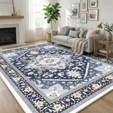 OPPODREAM Soft Area Rugs 5x7, 5x7 Washable Rug with Non Slip Backing, 5 x 7 Faux Cashmere Low-Pile Carpet, Navy Blue & Gold
